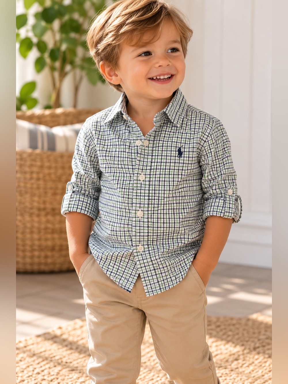 Ralph Lauren 2/2T Green Navy Check Button Down Shirt Preppy Classic Chic Logo RL